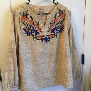 Chico's Tan Floral Embroidered Blouse Size 2 or Size Large